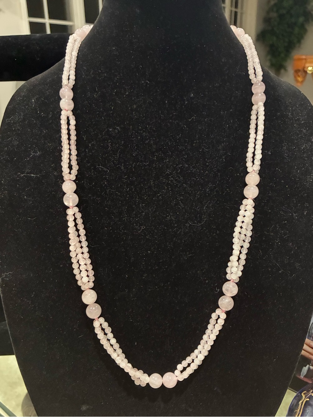 Vintage Chinese Export Multi-Strand Rose Quartz Beaded Opera Length Necklace